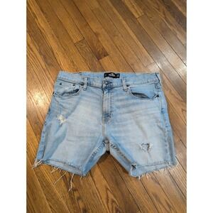 Hollister Mens Light Wash Distressed Cut Off Denim Shorts Jorts Size 36 Stretch